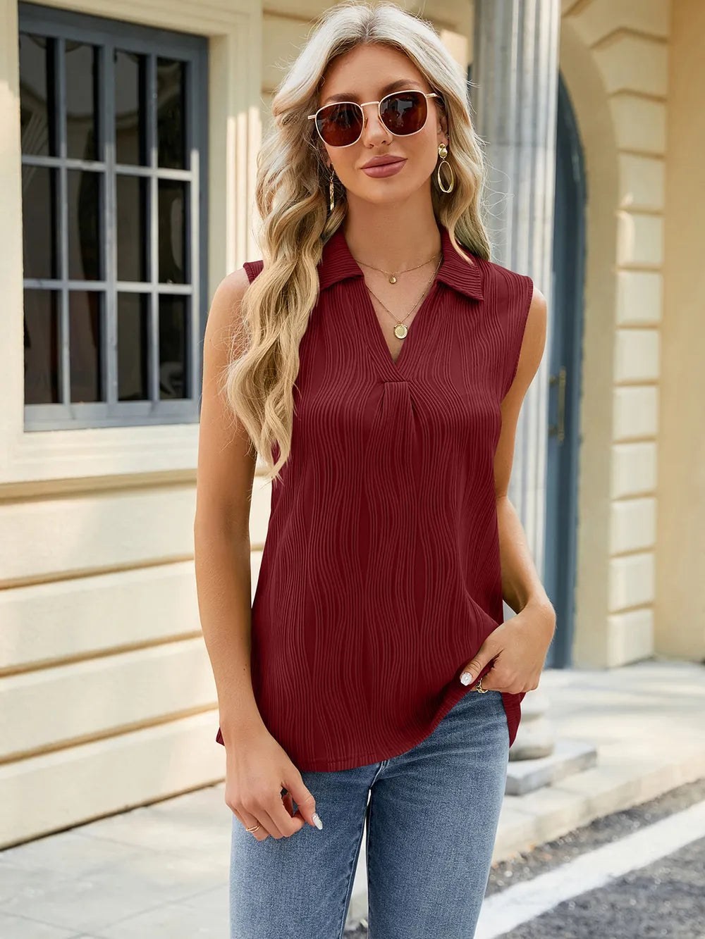 Summer new solid color lapel loose sleeveless vest top for women