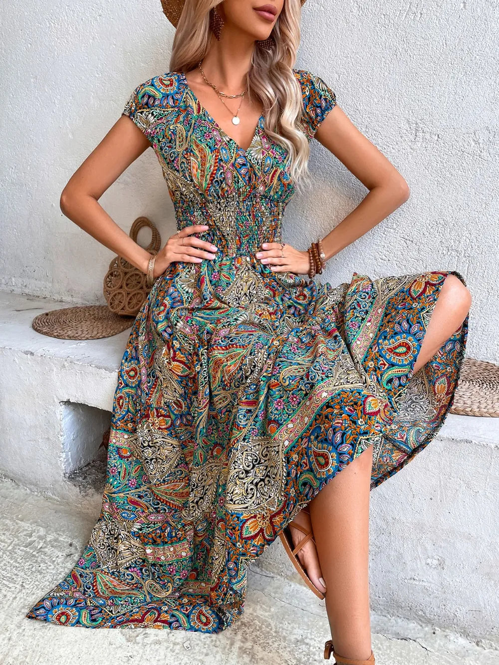 Colorful long dress V-neck high waisted skirt