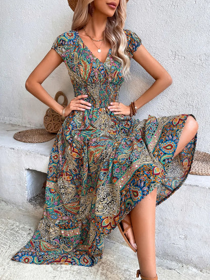 Colorful long dress V-neck high waisted skirt