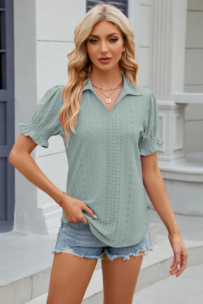 Summer New Solid Color Collar Short Sleeve Cuffled Loose Top for Women