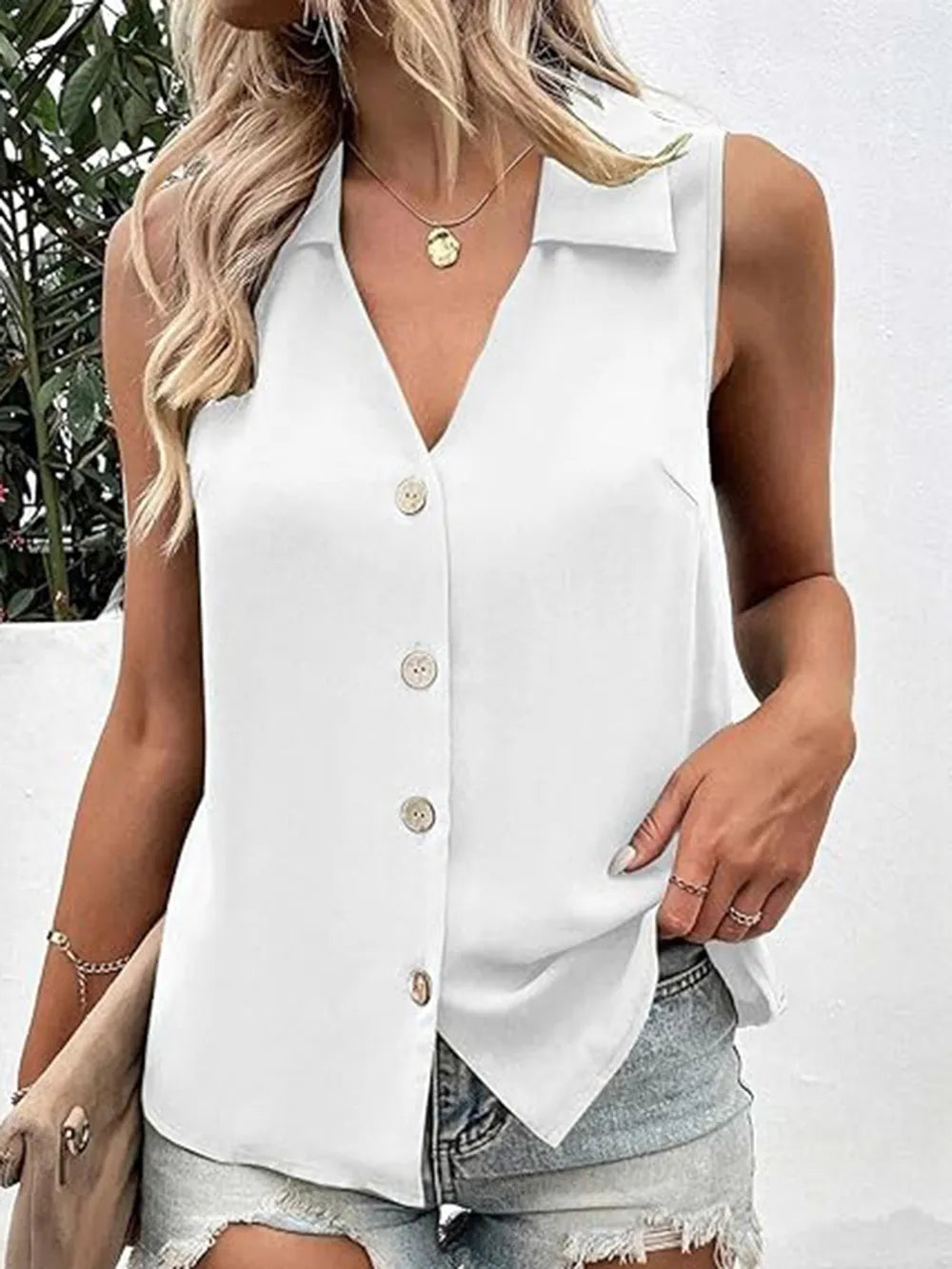 Solid color V-neck loose chiffon sleeveless twist button vest shirt for women