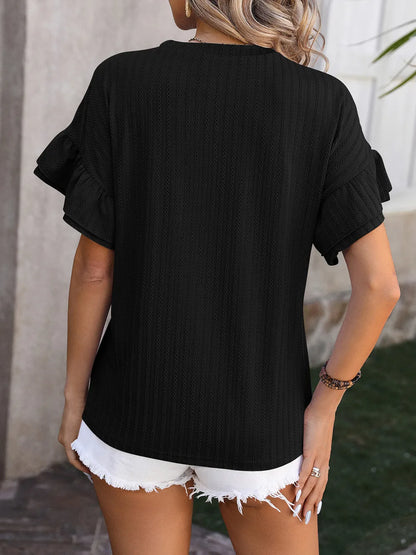 Spring and summer new solid color round neck lotus leaf sleeve short sleeved T-shirt top