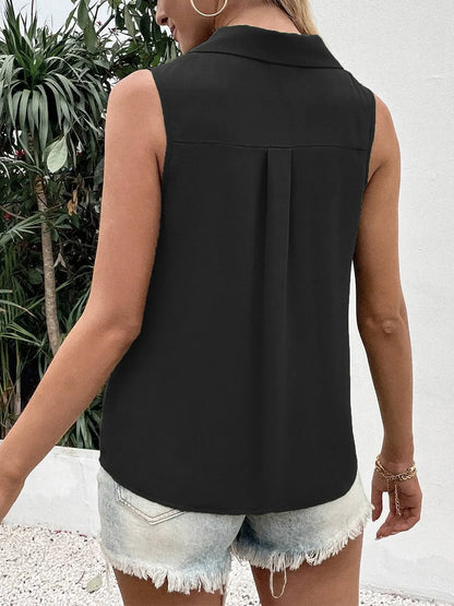 Solid color V-neck loose chiffon sleeveless twist button vest shirt for women