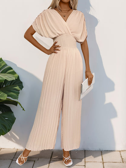 Cross V-neck pleated wide leg light apricot jumpsuit pants