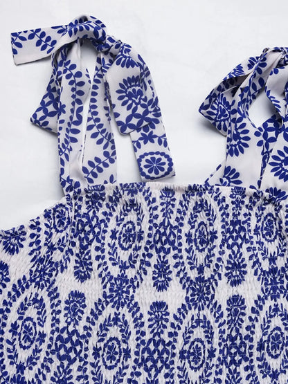 Slit Smocked Square Neck Printed Maxi Cami Dress