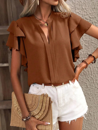 V-neck casual double-layer lotus leaf sleeve solid color shirt top