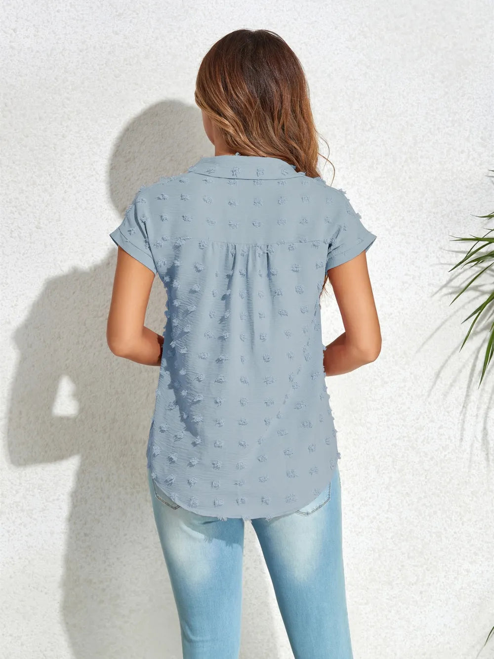 Swiss Dot Button Up Cap Sleeve Shirt