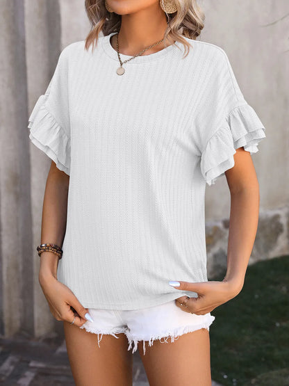 Spring and summer new solid color round neck lotus leaf sleeve short sleeved T-shirt top
