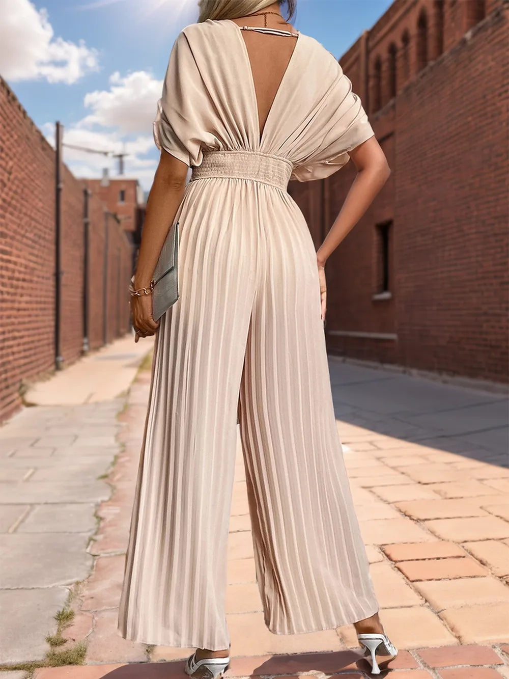 Cross V-neck pleated wide leg light apricot jumpsuit pants