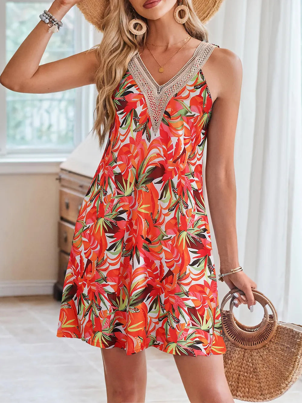 V-neck vest casual tropical printed sleeveless short dress
