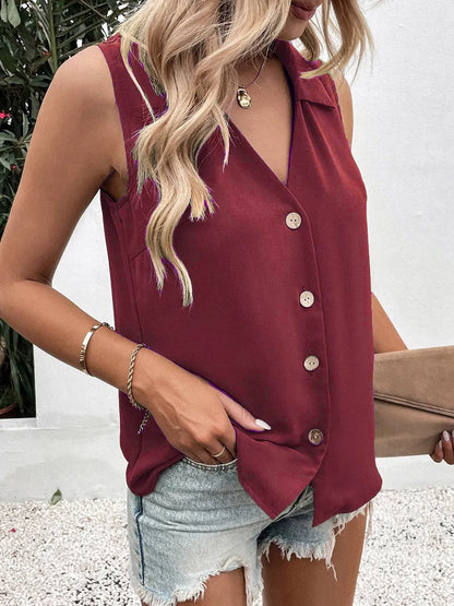Solid color V-neck loose chiffon sleeveless twist button vest shirt for women