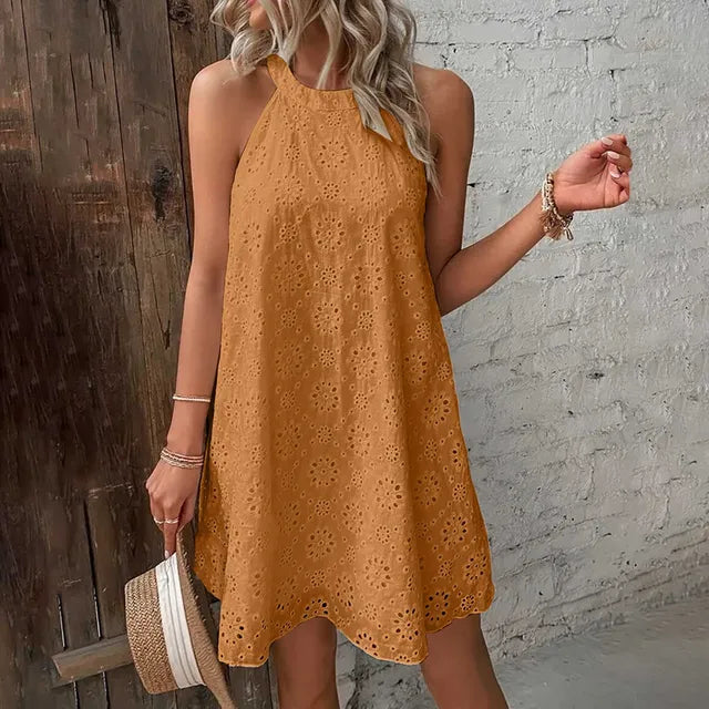Womens Summer Vacation Dresses Hollow Lace Halter Solid Color Backless Short Dresses Casual Loose Holiday Beach Sundress