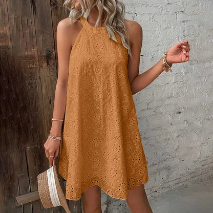 Womens Summer Vacation Dresses Hollow Lace Halter Solid Color Backless Short Dresses Casual Loose Holiday Beach Sundress