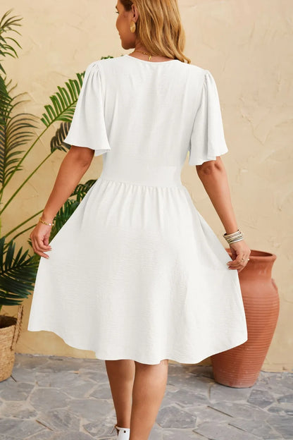V-neck cinched waist flared sleeve fashionable dress