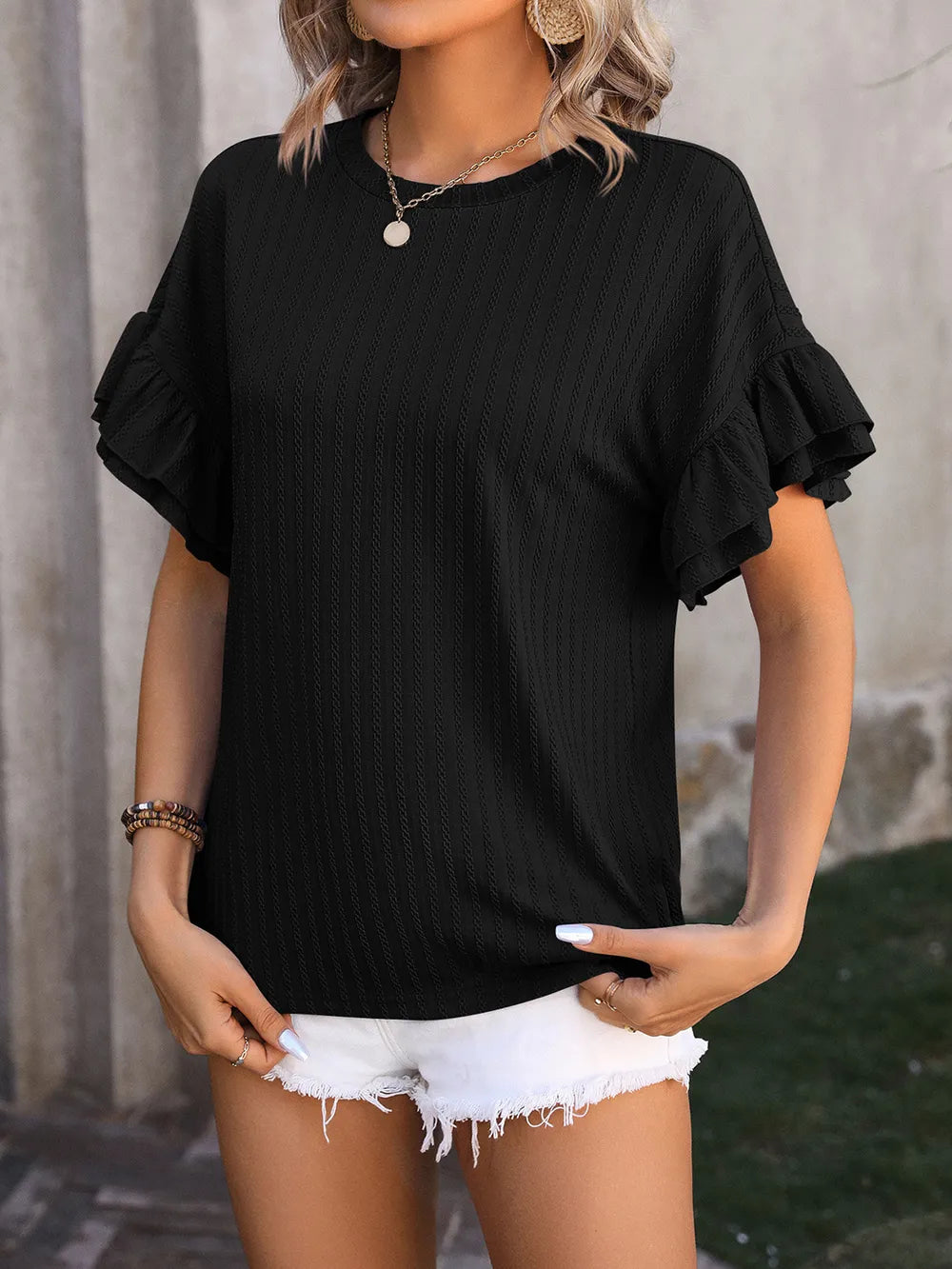 Spring and summer new solid color round neck lotus leaf sleeve short sleeved T-shirt top