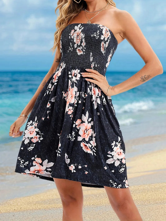 Floral mid length dress Bohemian one shoulder print wrapped around the chest