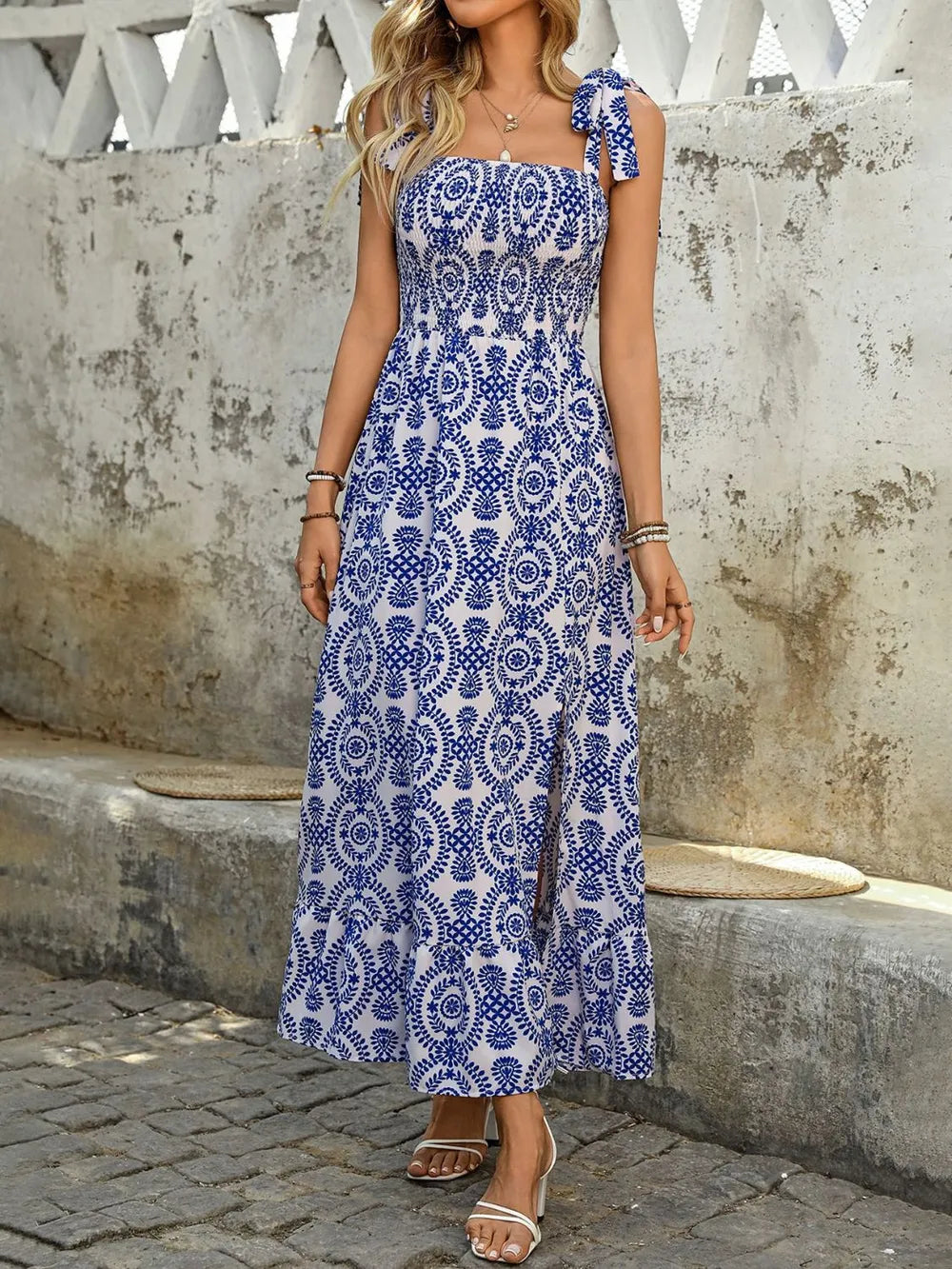 Slit Smocked Square Neck Printed Maxi Cami Dress