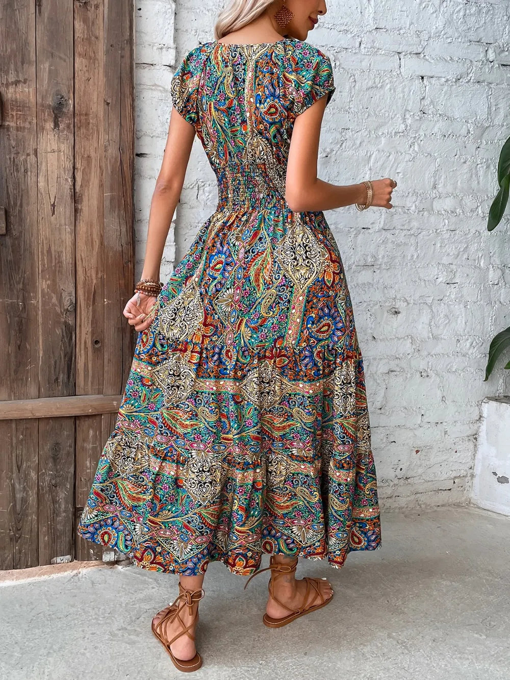 Colorful long dress V-neck high waisted skirt