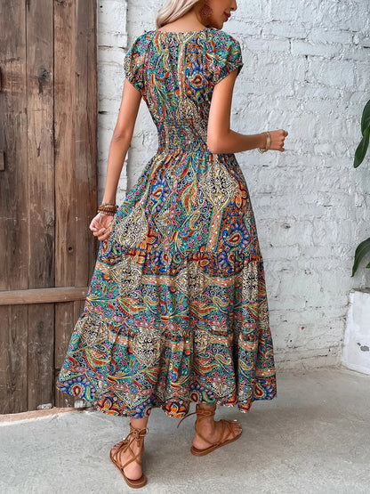 Colorful long dress V-neck high waisted skirt