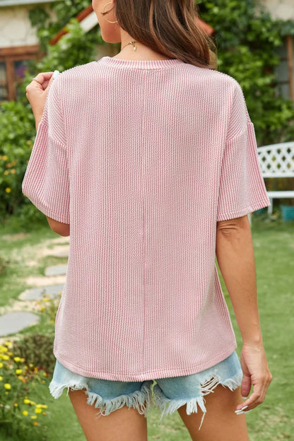 Summer casual contrasting wave striped short sleeved pocket T-shirt top