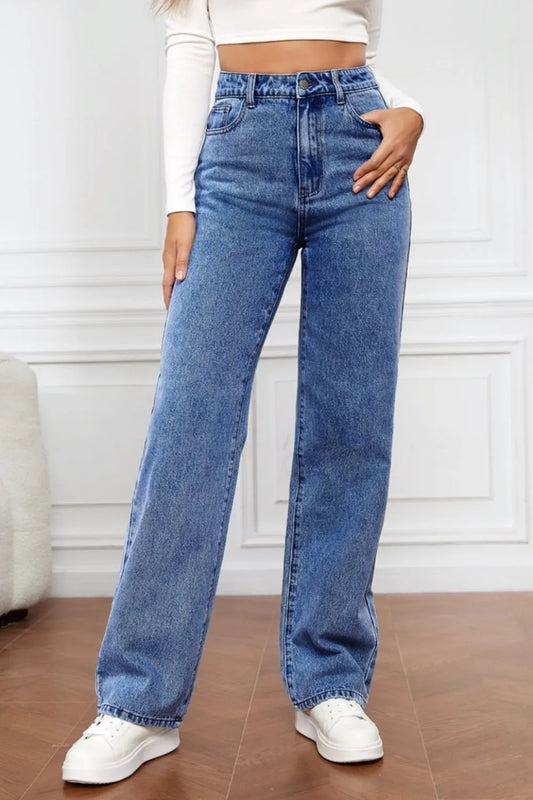 Washed denim fashionable straight leg pants long high waisted jeans pants for women