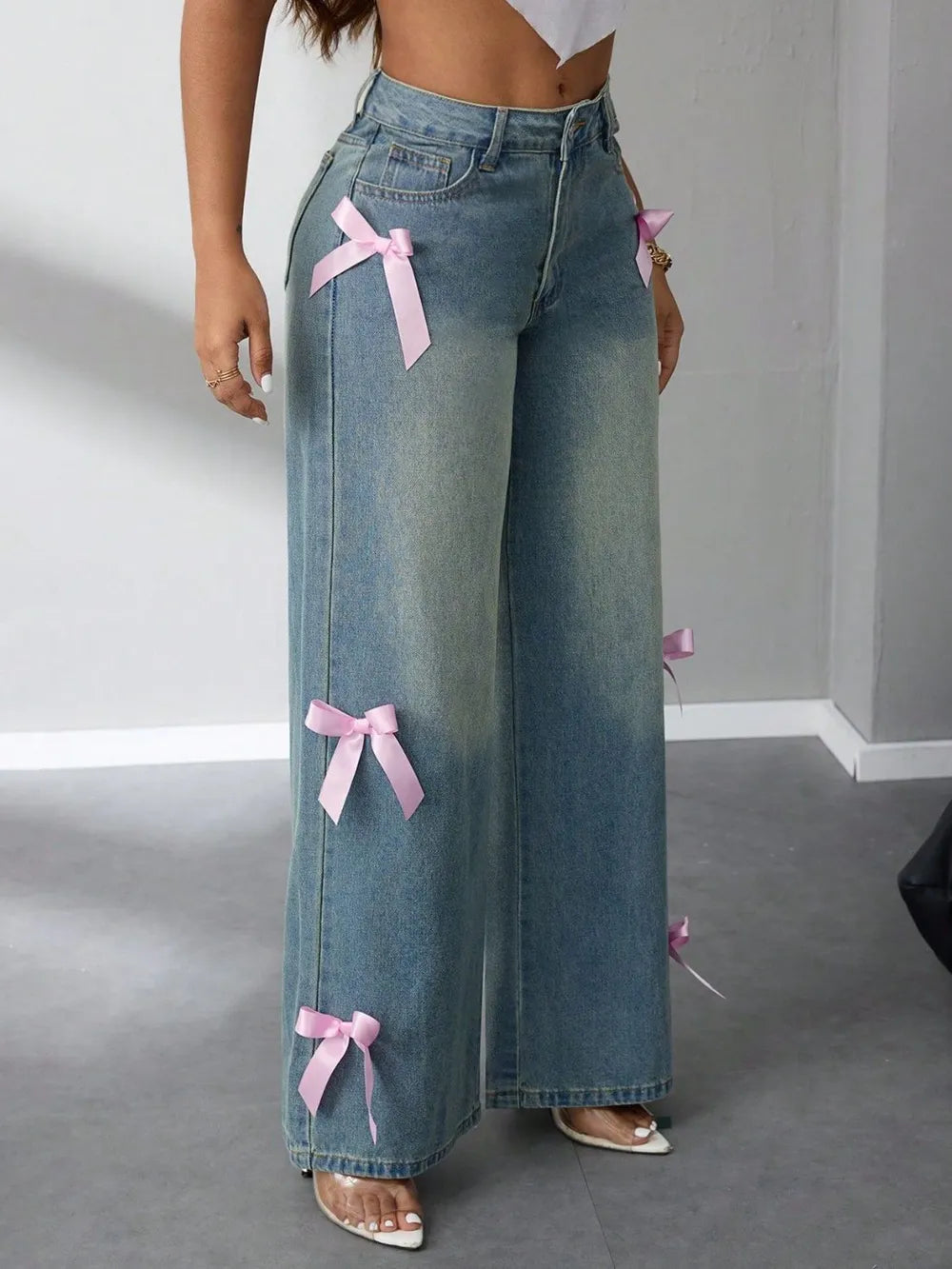 Bow High Rise Wide Leg Jeans