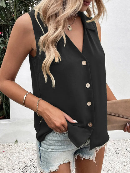 Solid color V-neck loose chiffon sleeveless twist button vest shirt for women