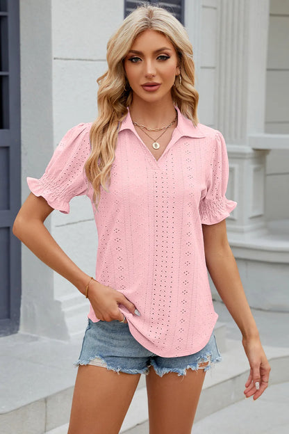 Summer New Solid Color Collar Short Sleeve Cuffled Loose Top for Women