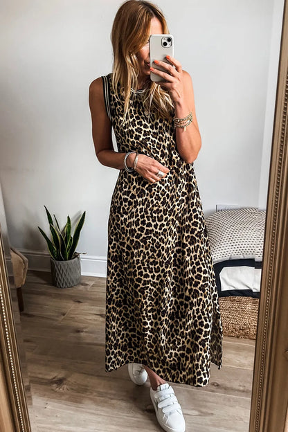 Side Slit Leopard Sleeveless Maxi Dress