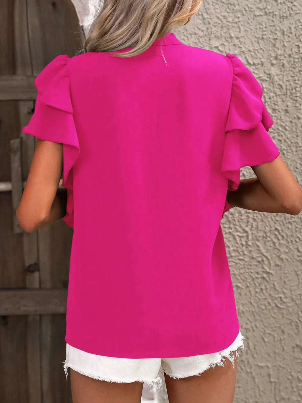 V-neck casual double-layer lotus leaf sleeve solid color shirt top