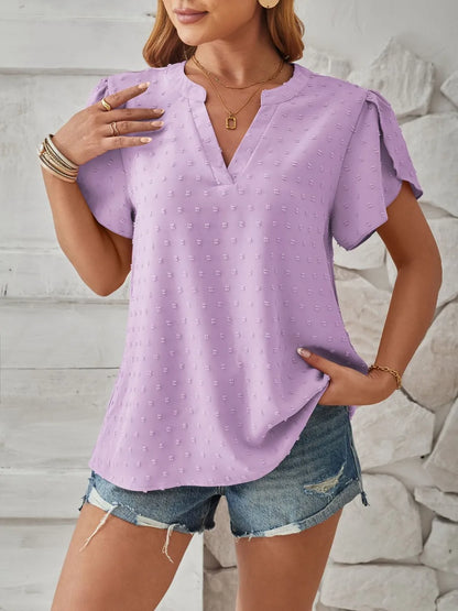 Spring and summer new V-neck chiffon ball top with petal sleeves commuting shirt
