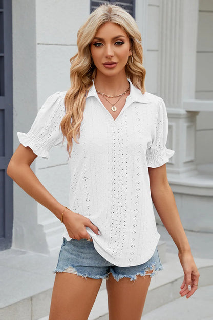 Summer New Solid Color Collar Short Sleeve Cuffled Loose Top for Women