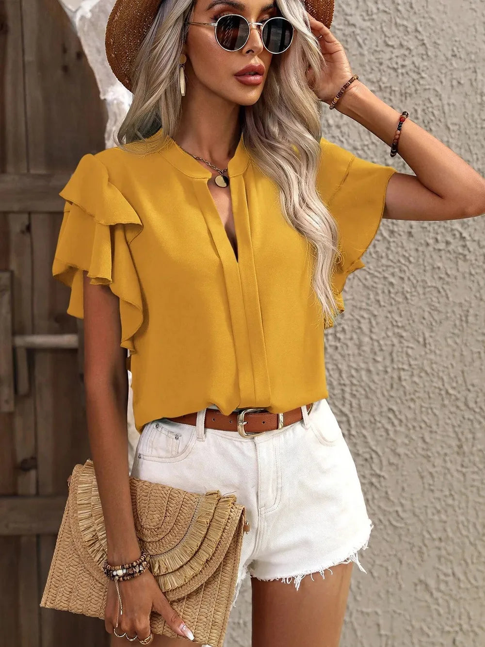V-neck casual double-layer lotus leaf sleeve solid color shirt top