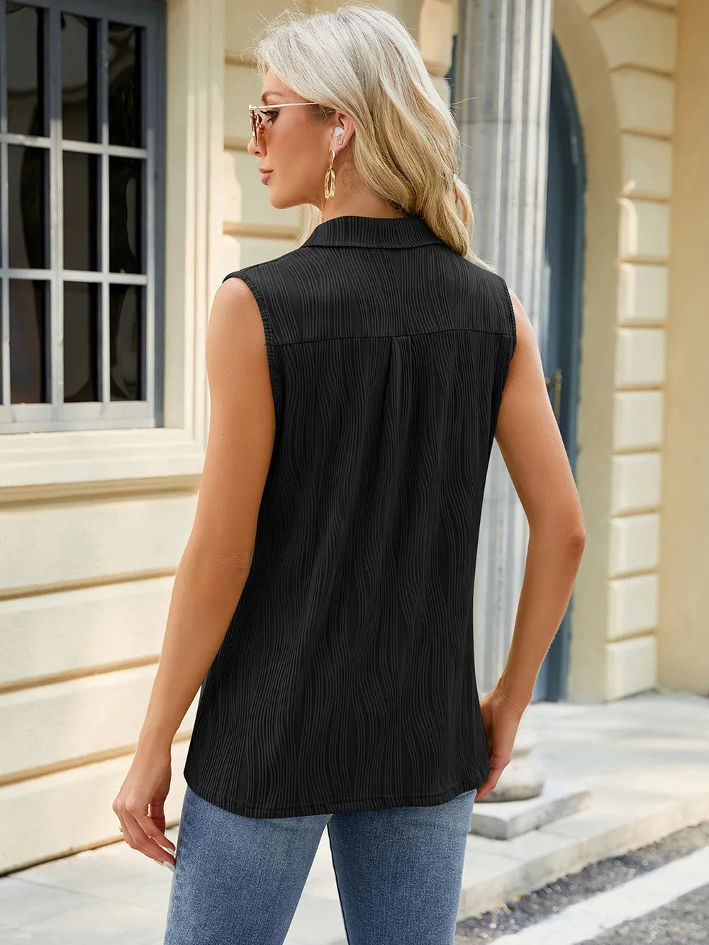 Summer new solid color lapel loose sleeveless vest top for women