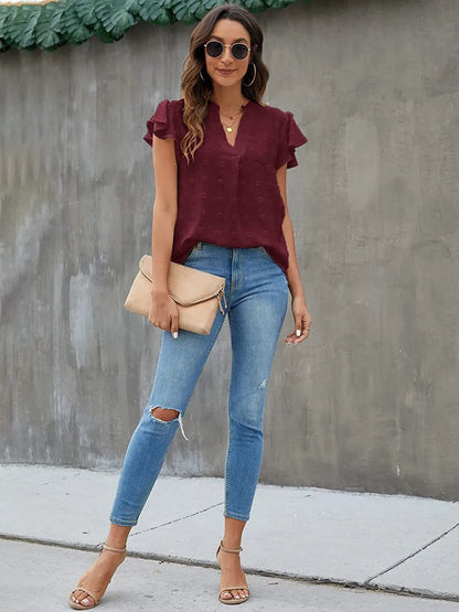 Swiss Dot Notched Flutter Sleeve Blouse