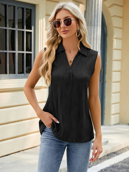 Summer new solid color lapel loose sleeveless vest top for women