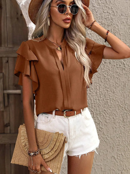 V-neck casual double-layer lotus leaf sleeve solid color shirt top