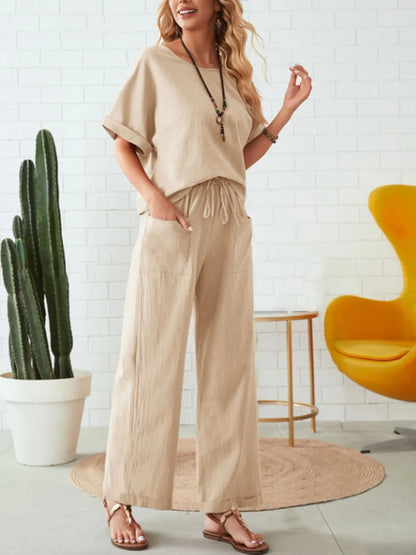 Round neck sleeveless comfortable casual top paired with pants two-piece set