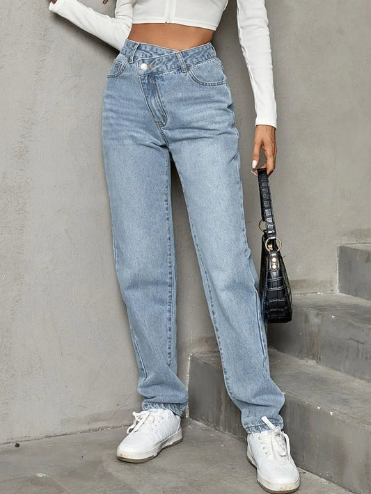 Asymmetrical Waist Straight Leg Jeans