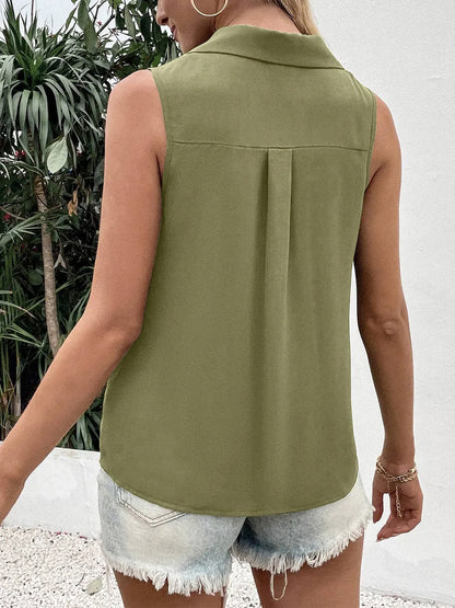 Solid color V-neck loose chiffon sleeveless twist button vest shirt for women
