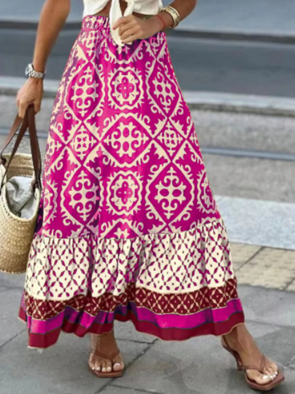 Summer New Printed Loose Splicing Large Swing Skirt for Women
