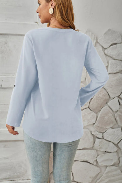 V-neck solid color comfortable breathable casual long sleeved top