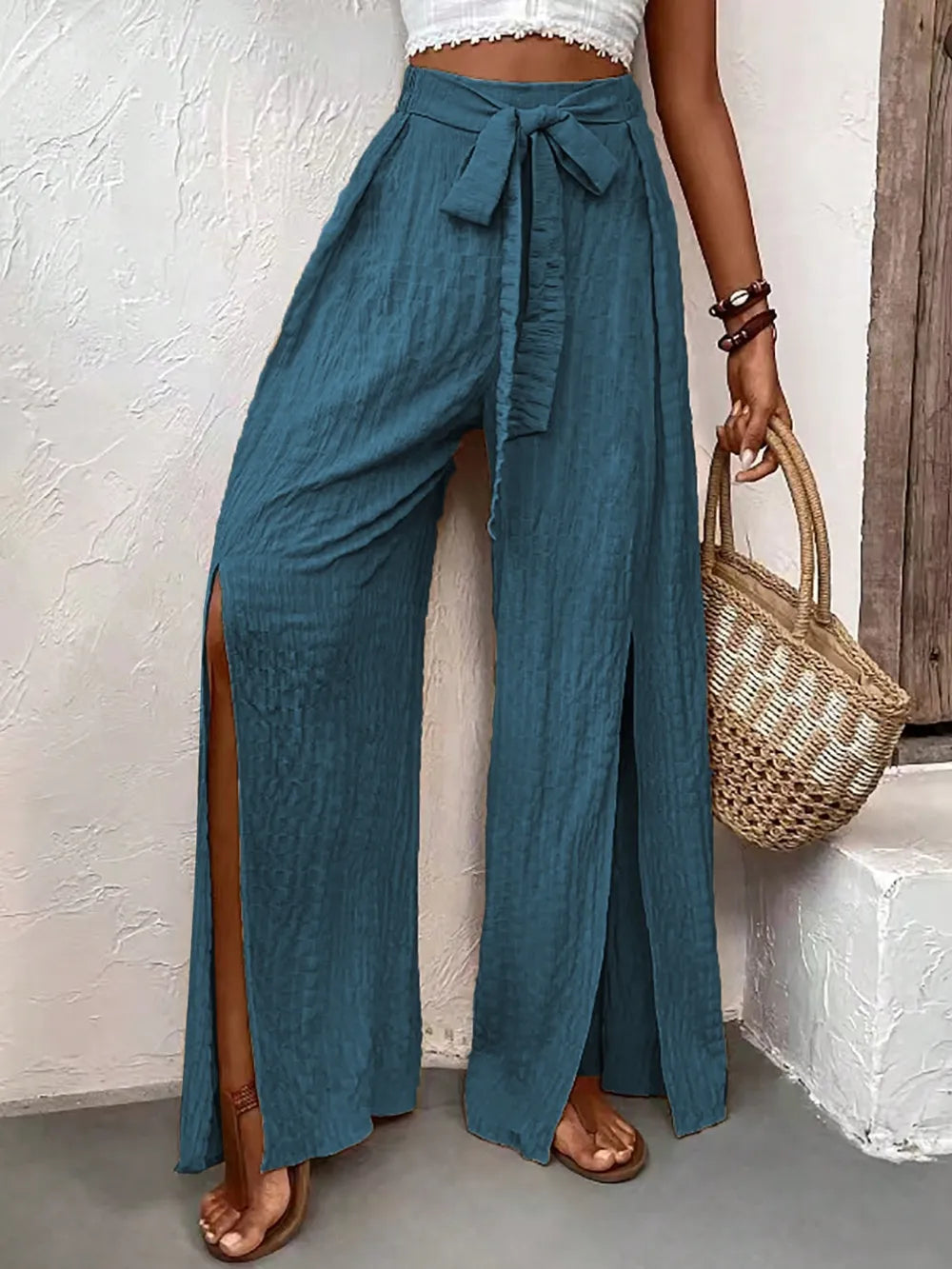 Summer fashionable high waisted design casual wide leg pants