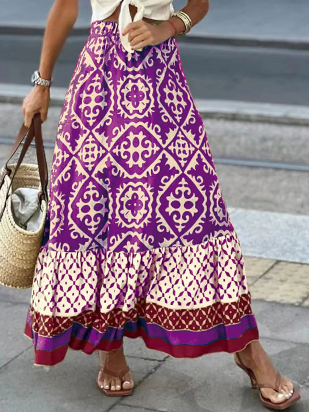 Summer New Printed Loose Splicing Large Swing Skirt for Women