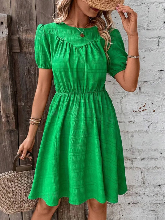 Summer new solid color slim fit elastic waist short sleeved dress