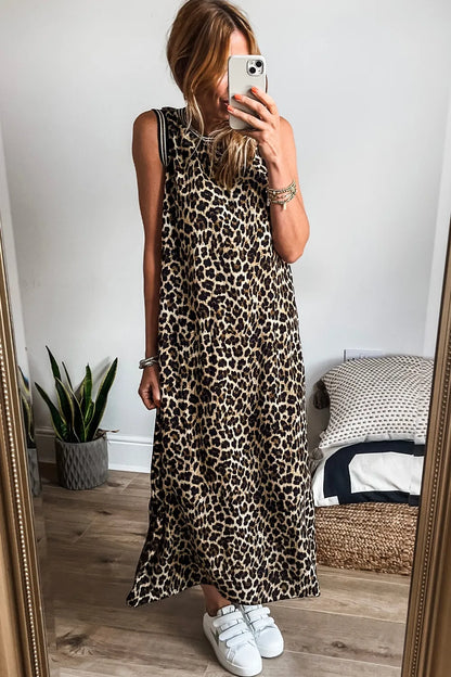 Side Slit Leopard Sleeveless Maxi Dress