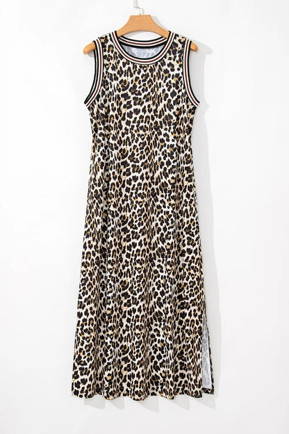 Side Slit Leopard Sleeveless Maxi Dress