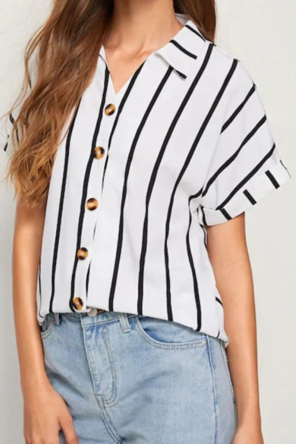 Casual striped breasted collared loose short sleeved shirt for women