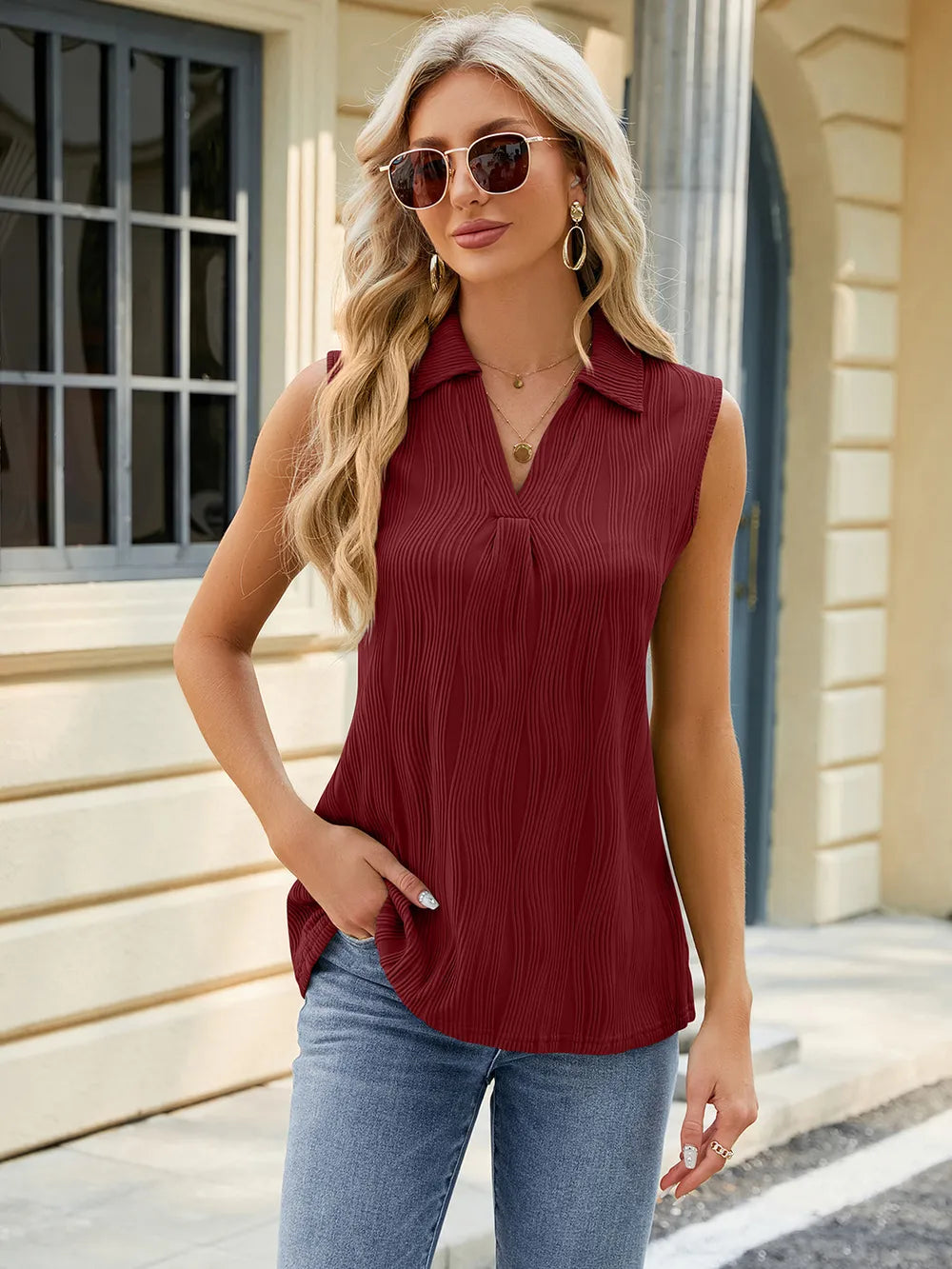 Summer new solid color lapel loose sleeveless vest top for women