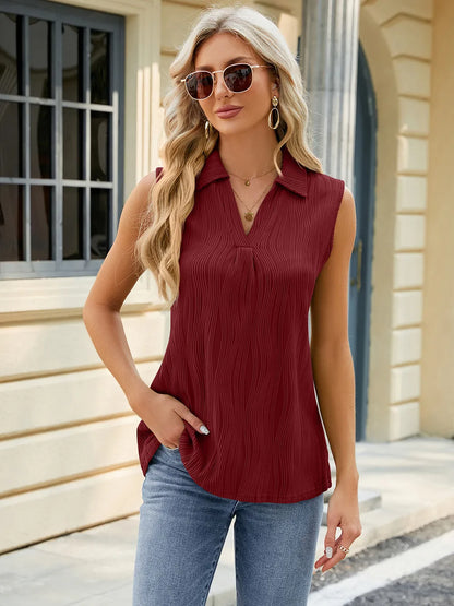 Summer new solid color lapel loose sleeveless vest top for women